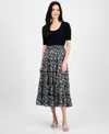 T Tahari Elbow Sleeve Scoop Neck Ribbed Dress In Black With Ditsy Floral