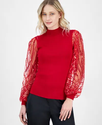 T Tahari Women's Sequin-sleeve Mock-neck Sweater In Baked Cherry