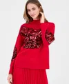 T Tahari Women's Sequin Soutache Funnel-neck Sweater In Red