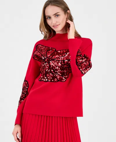 T Tahari Women's Sequin Soutache Funnel-neck Sweater In Red