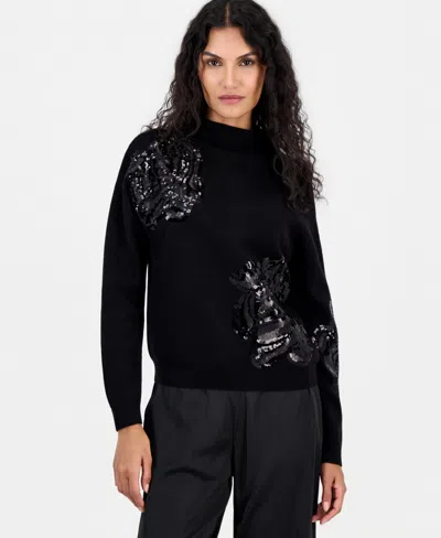 T Tahari Women's Sequin-embellished Floral Mock Neck Sweater In Black