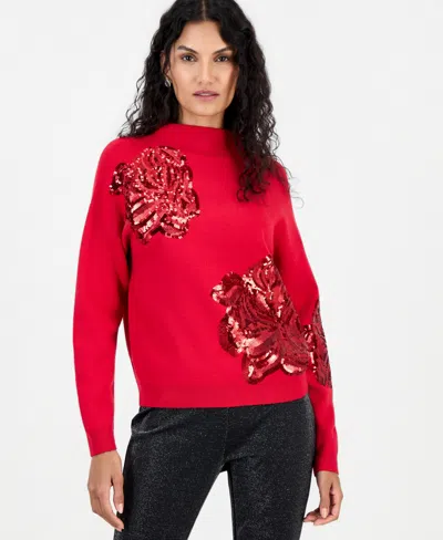 T Tahari Women's Sequin-embellished Floral Mock Neck Sweater In Red