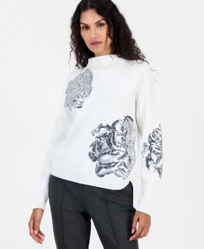 T Tahari Women's Sequin-embellished Floral Mock Neck Sweater In White