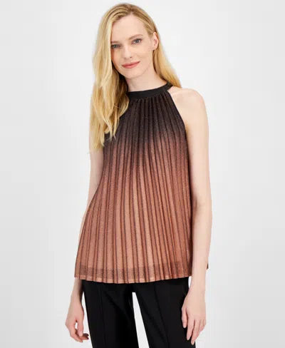 T Tahari Pleated Shimmer Halter Top In Black And Nude Ombre