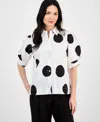T Tahari Women's Short-blouson-sleeve Button-front Shirt In Exploded Dot Print