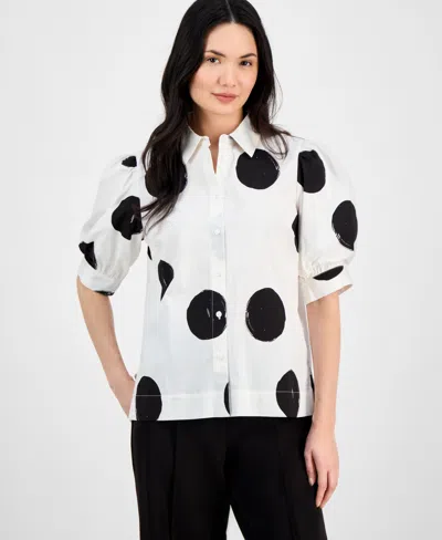 T Tahari Women's Short-blouson-sleeve Button-front Shirt In Exploded Dot Print