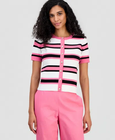 T Tahari Women's Short-sleeve Ribbed Cardigan In Pink