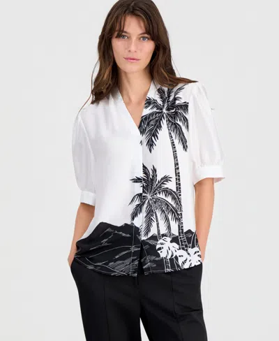 T Tahari Women's Short-sleeve Split-neck Blouse In Multi