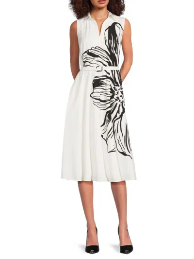 T Tahari Women's Sleeveless Belted Stretch Eyelet Midi-dress