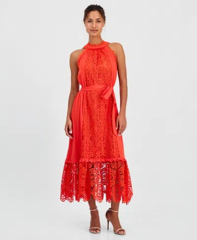 T Tahari Women's Sleeveless Halter Lace Maxi Dress In Red