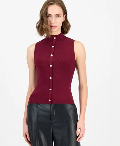 T Tahari Women's Sleeveless Ribbed Mock-neck Sweater In Classic Burgundy