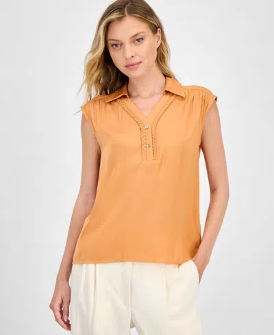 T Tahari Women's Solid Collared Cap-sleeve V-neck Blouse In Orange