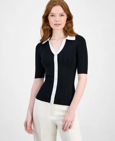 T Tahari Women's Split-neck Contrast-trim Sweater
