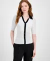 T Tahari Women's Split-neck Contrast-trim Sweater