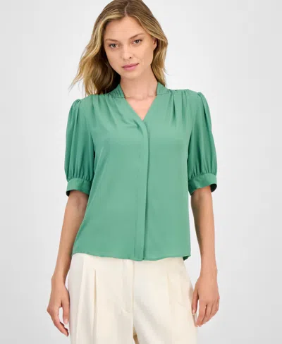 T Tahari Women's Split-neck Covered-placket Woven Top In Green