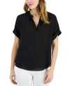 T Tahari Womens Split Neck Cuff Sleeve Blouse In Black