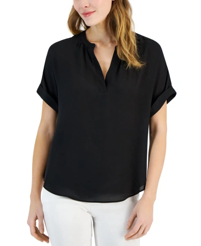 T Tahari Womens Split Neck Cuff Sleeve Blouse In Black