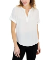 T Tahari Women's Split-neck Rolled-cuff Top In White Star