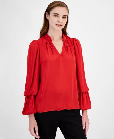 T Tahari Women's Split-neckline Tiered-sleeve Top In Red