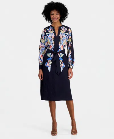 T Tahari Split Neck A-line Dress In Black