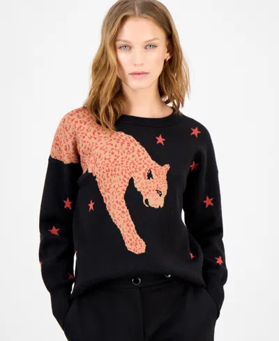 T Tahari Cheetah Stars Jacquard Sweater In Black