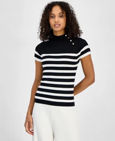 T Tahari Women's Striped Button-trim Mock-neck Sweater In Black,white Star