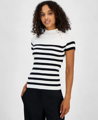 T Tahari Women's Striped Button-trim Mock-neck Sweater In White Star,black