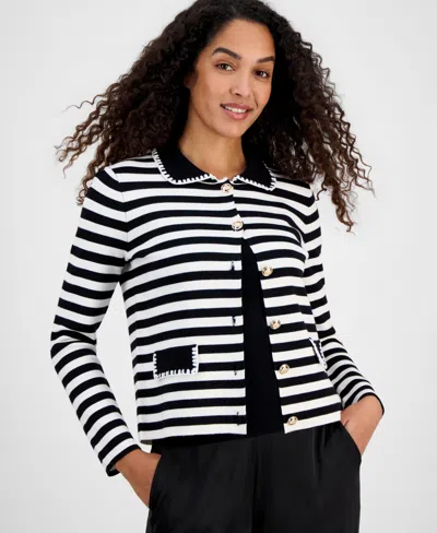 T Tahari Women's Striped Collared Button Cardigan Sweater In Black