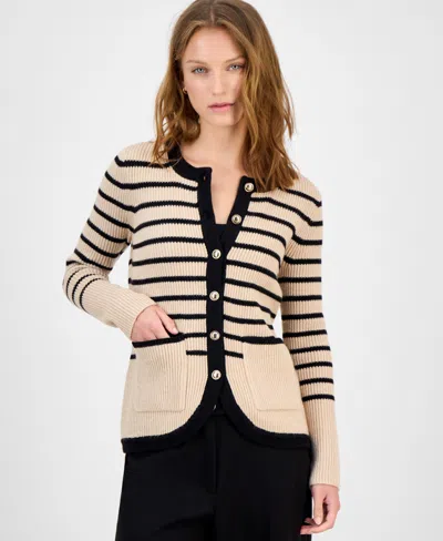 T Tahari Women's Striped Crewneck Cardigan In Blue
