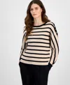 T Tahari Women's Striped Dolman Button-sleeve Sweater In Black,soft Tan