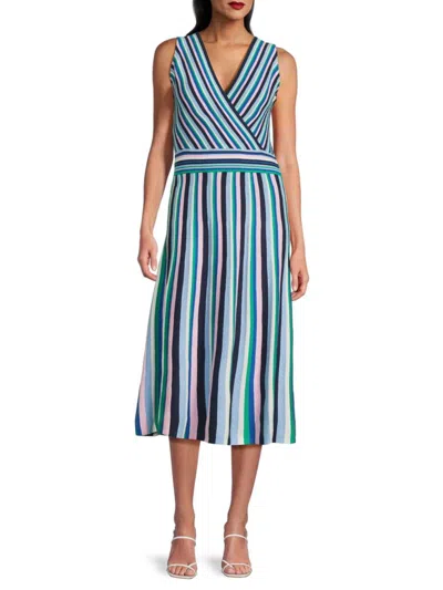 T Tahari Women's Striped Midi-dress In Blue Multi