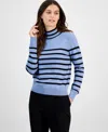 T Tahari Women's Striped Mock-neck Long-sleeve Sweater In Fountain Heather Blue