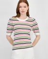 T Tahari Women's Striped Puff-sleeve Sweater In Tulip Pink And Green Leaf Stripe