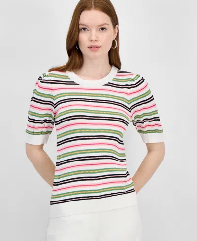 T Tahari Women's Striped Puff-sleeve Sweater In Tulip Pink And Green Leaf Stripe
