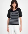 T Tahari Women's Striped Puffed-sleeve Ribbed Top In Black