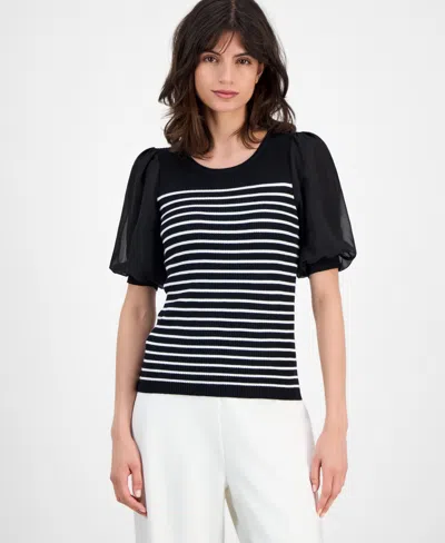 T Tahari Women's Striped Puffed-sleeve Ribbed Top In Multi
