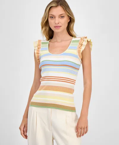 T Tahari Women's Striped Ribbed Flutter-sleeve Scoop-neck Top In Multi
