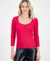 T Tahari Three Quarter Sleeve Sweetheart Neck Top In Pink Heart