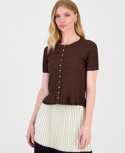 T Tahari Women's Textured Ruffled-hem Cardigan In Brown
