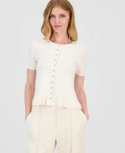 T Tahari Women's Textured Ruffled-hem Cardigan In White