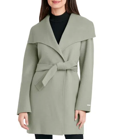 T Tahari Women Tie Belt Wing Collar Wool Wrap Coat In Sage In Multi