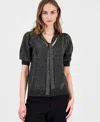 T Tahari Women's Tie-neck Elbow-sleeve Metallic Top In Black