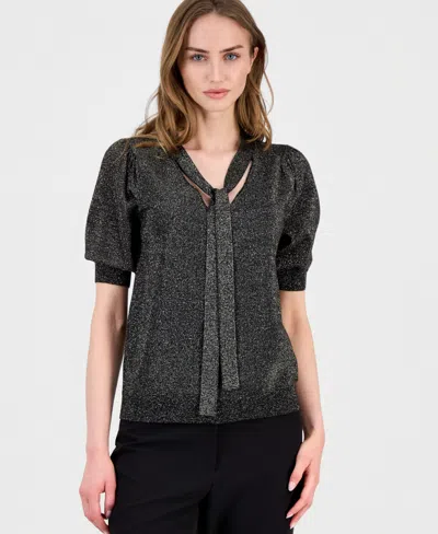 T Tahari Women's Tie-neck Elbow-sleeve Metallic Top In Black