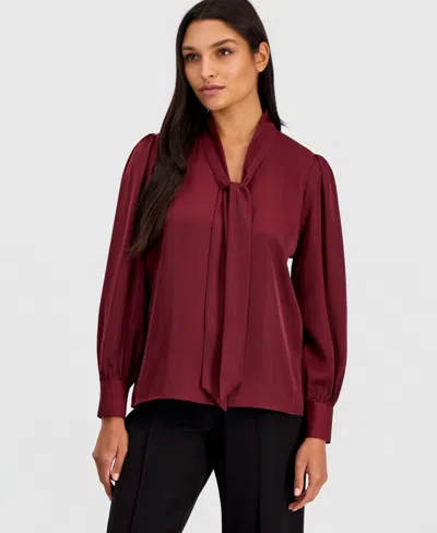 T Tahari Bow Neck Tie Blouse In Burgundy