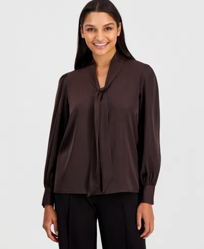 T Tahari Women's Tie-neck Long-sleeve Blouse In Brown