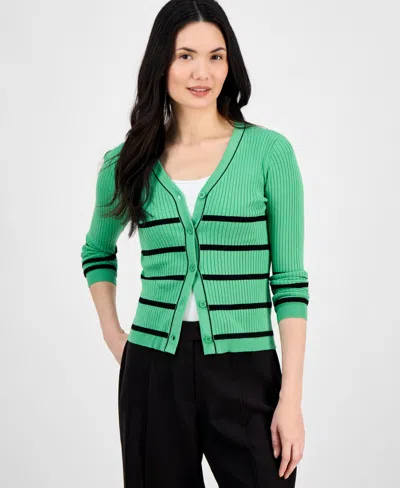 T Tahari Women's V-neck Button-front Long-sleeve Cardigan In Green Leaf With Black Stripe