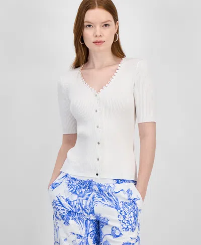 T Tahari Women's V-neck Button-front Ribbed-knit Top