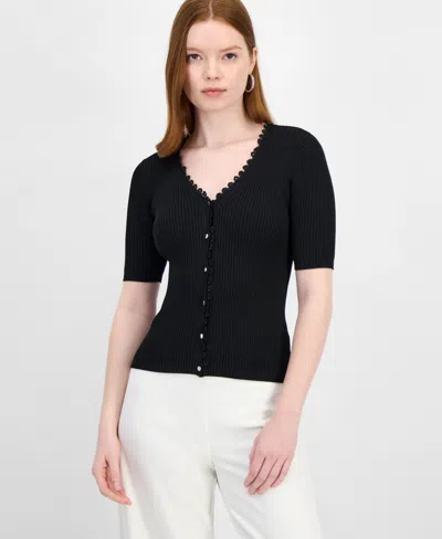 T TAHARI WOMEN'S V-NECK BUTTON-FRONT RIBBED-KNIT TOP