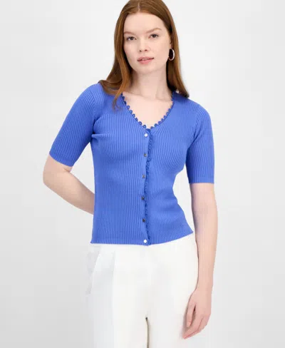T Tahari Women's V-neck Button-front Ribbed-knit Top In Spring Blue