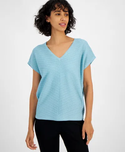 T Tahari Women's V-neck Pointelle Cap-sleeve Sweater In Blue Haze